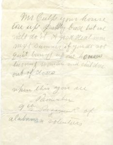 threatening note from Alabama soldier
